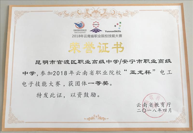 《2018年云南省中等职业学校“亚龙杯”电工电子技能大赛 团体一等奖》